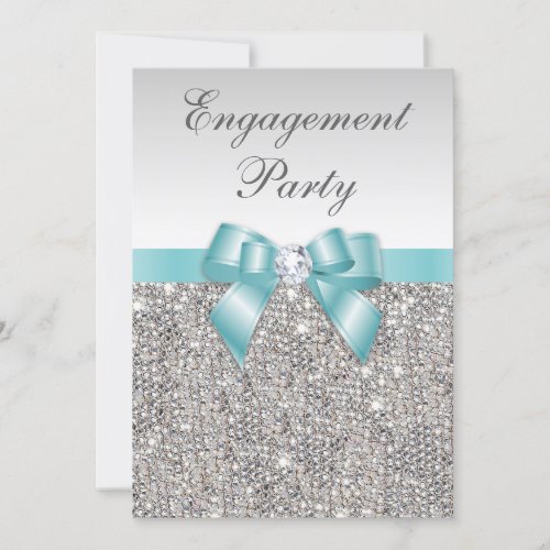 Faux Silver Sequins Teal Bow Engagement Party Invitation