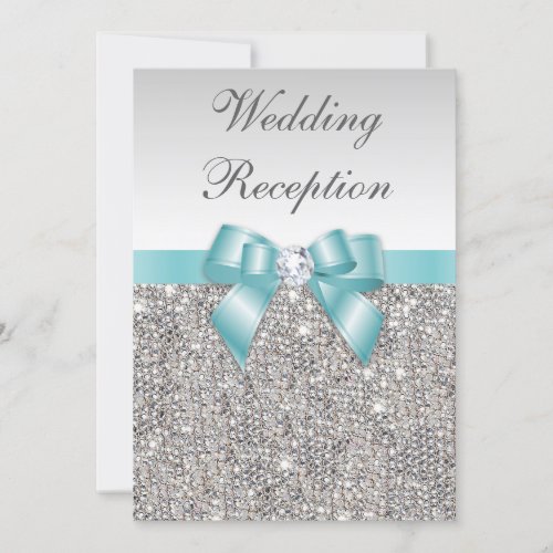 Faux Silver Sequins Teal Bow Wedding Reception Invitation
