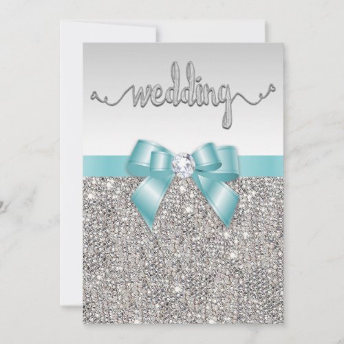 Faux Silver Sequins Teal Bow Wedding Typography Invitation