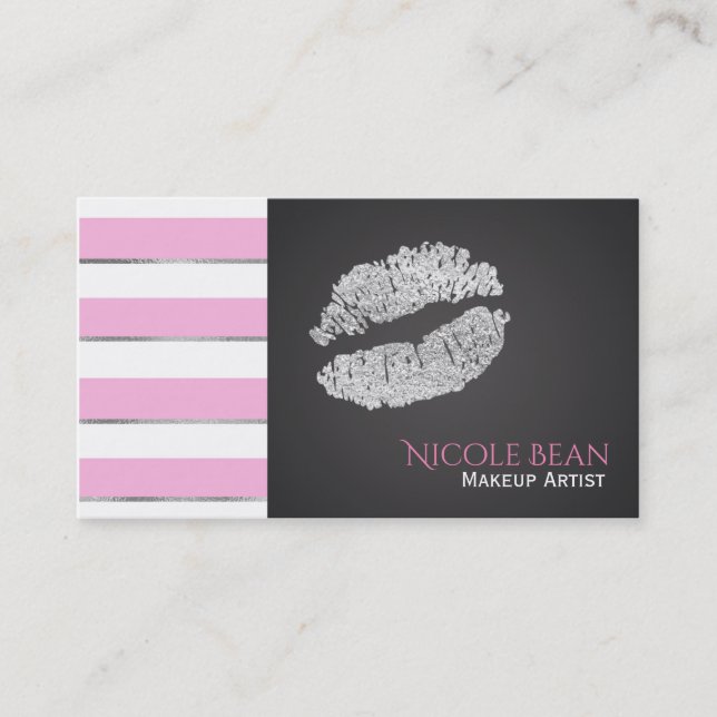 Faux Silver Shine Lips Pink White Stripes Chic Business Card (Front)