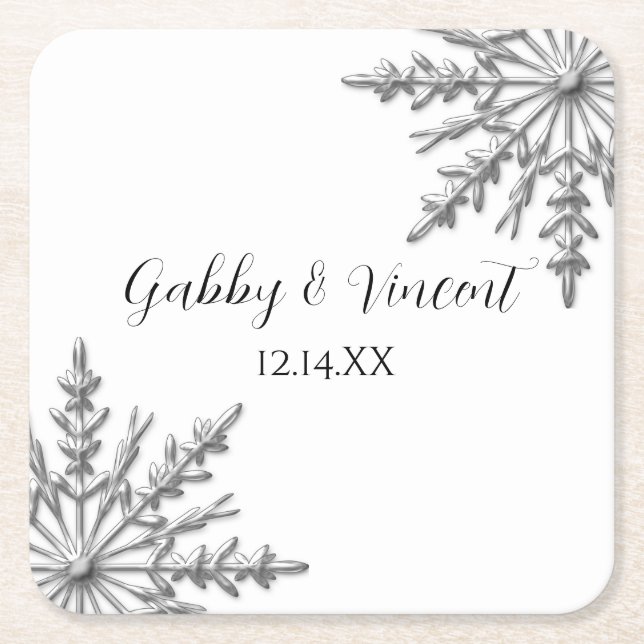 Faux Silver Snowflakes Winter Wedding Square Paper Coaster (Front)