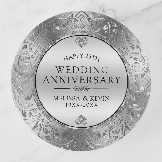 Faux Silver Swirls Circle 25th Wedding anniversary Trinket Tray (Front)