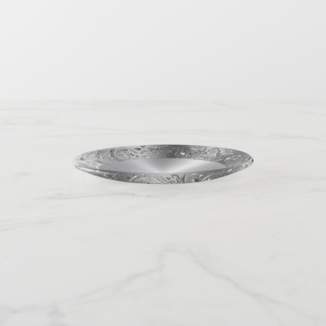 Faux Silver Swirls On Metallic Silver Texture Trinket Tray (Angled)