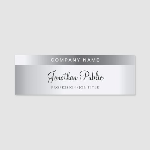 Faux Silver Template Modern Hand Script Text Chic Name Tag