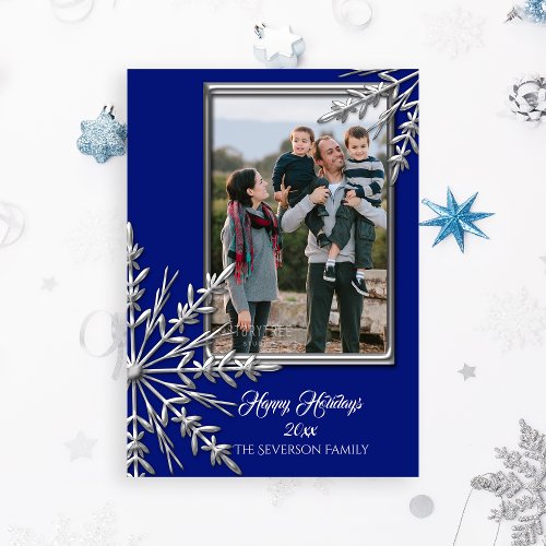 Faux Silver Tone Snowflakes on Blue Happy Holidays Holiday Card