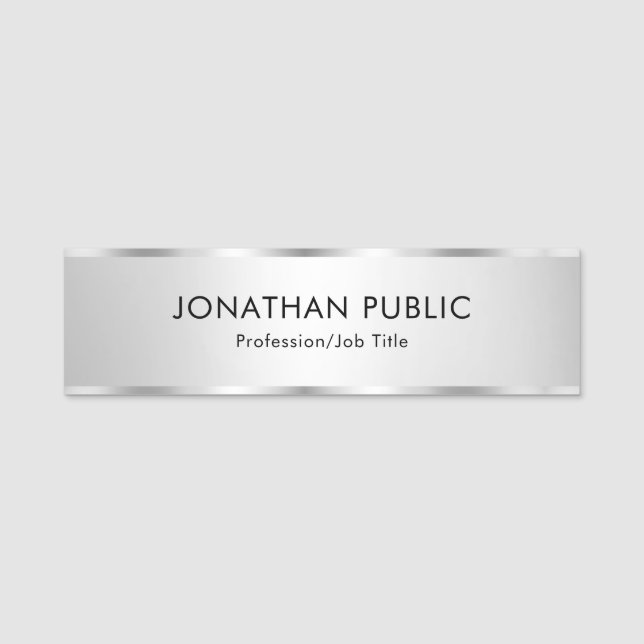 Faux Silver Trendy Modern Template Personalized Name Tag (Front)