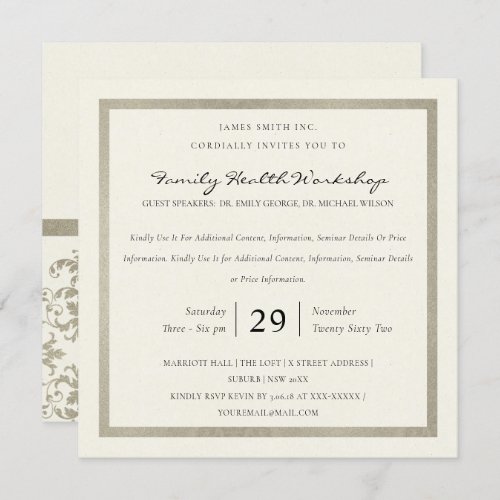 FAUX SILVER WHITE DAMASK CLASSIC WORKSHOP EVENT INVITATION