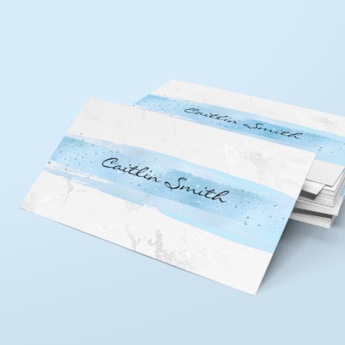 Faux Silver White Foil Marble Blue Brush Stroke Business Card