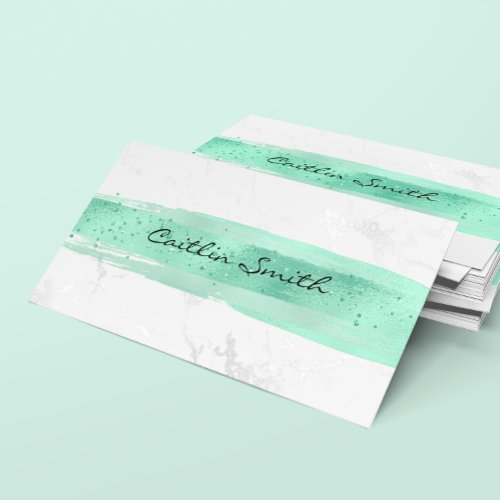 Faux Silver White Foil Marble Mint Brush Stroke Business Card