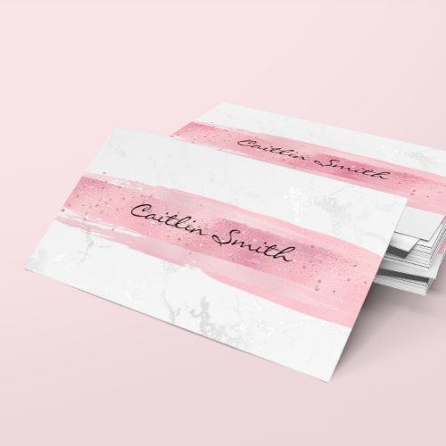 Faux Silver White Foil Marble Pink Brush Stroke Business Card