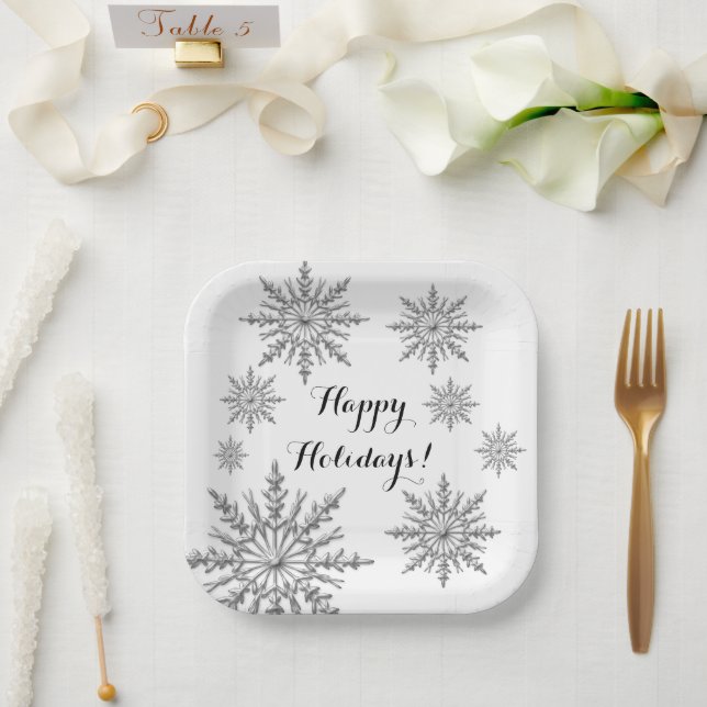 Faux Silver Winter Snowflake Happy Holidays Paper Plates (Wedding)