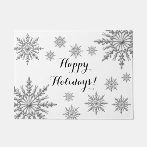 Faux Silver Winter Snowflakes Happy Holidays Doormat