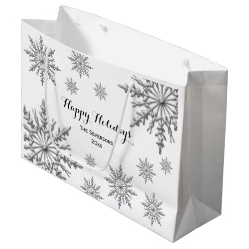 Faux Silver Winter Snowflakes Happy Holidays Large Gift Bag