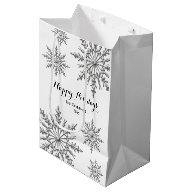 Faux Silver Winter Snowflakes Happy Holidays Medium Gift Bag (Front Angled)