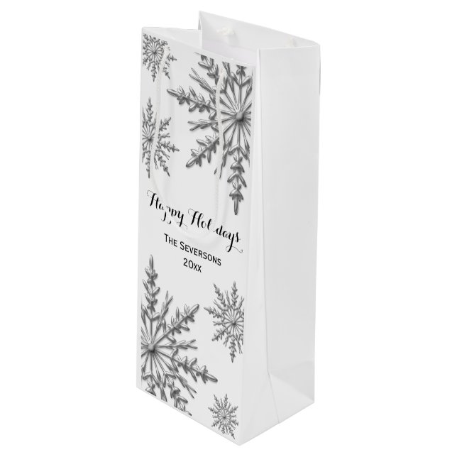 Faux Silver Winter Snowflakes Happy Holidays Wine Gift Bag (Front Angled)