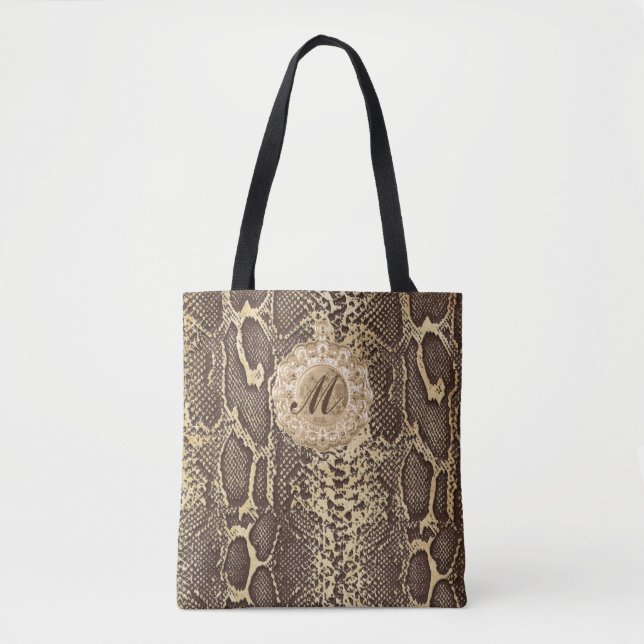 Faux Snake Skin Antique Charm Initial Tote Bag (Front)