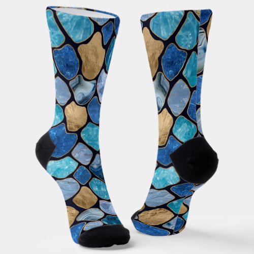 Faux Snake Skin Blue marble and gold on black Socks