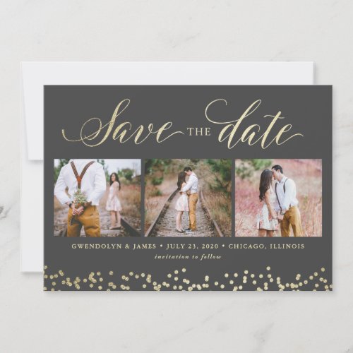 Faux Sparkle 3 Photo Save the Date Card