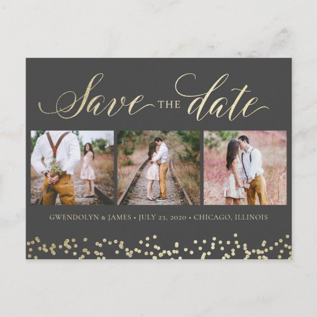 Faux Sparkle 3 Photo Save the Date Postcard (Front)