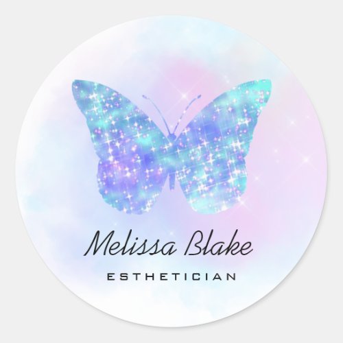 faux sparkle blue butterfly logo classic round sticker