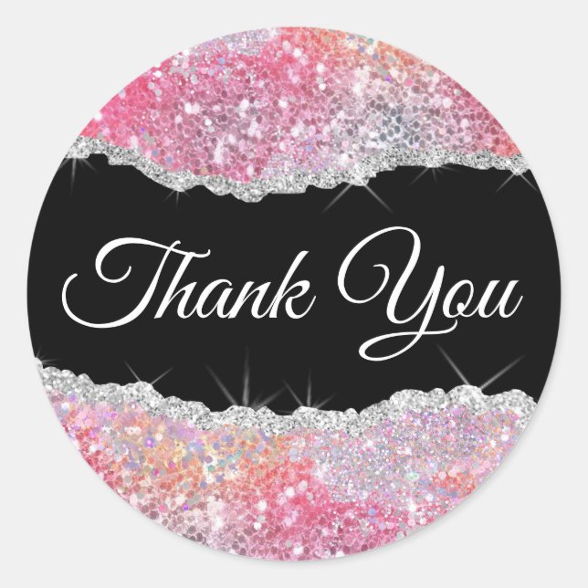 Faux Sparkling Pink Sequin Thank you Classic Round Sticker (Front)