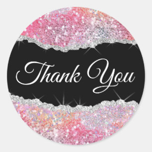 Faux Sparkling Pink Sequin Thank you Classic Round Sticker