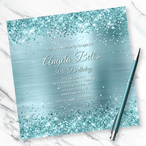 Faux Sparkly Aqua Teal Glitter Pale Blue Foil Invitation