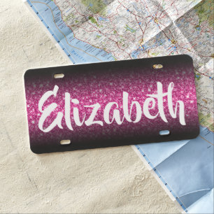 Faux Sparkly Deep Pink Glitter Black Gradient License Plate