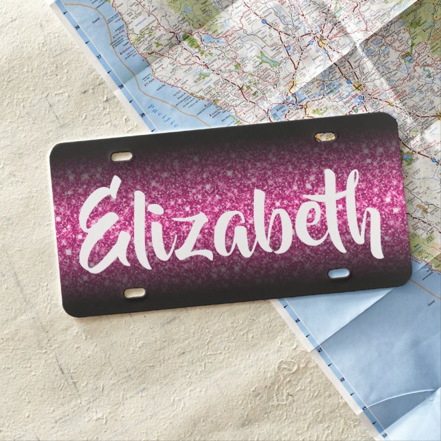 Faux Sparkly Deep Pink Glitter Black Gradient License Plate (In Situ)