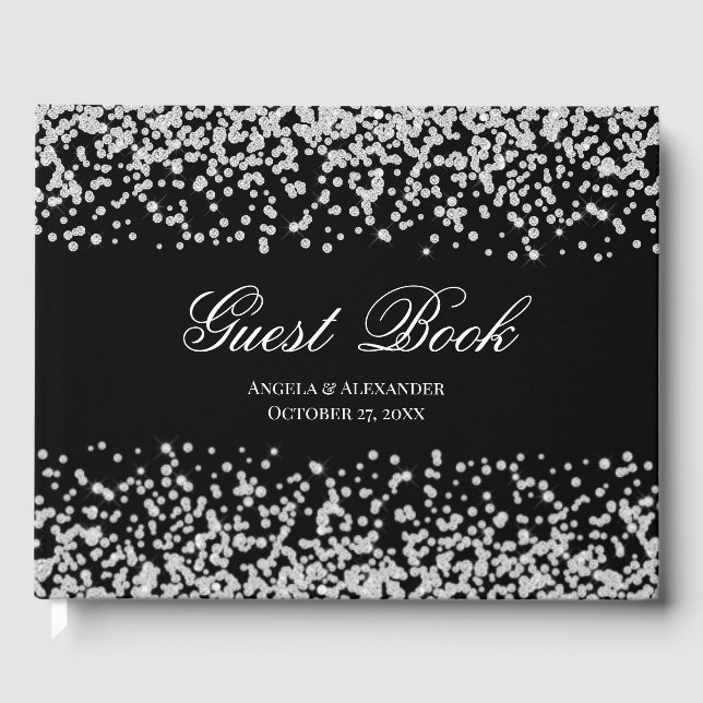 Faux Sparkly Diamond Black and White Personalized Guest Book (Front)
