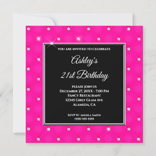 Faux Sparkly Diamond Tufted Hot Pink 21st Birthday Invitation