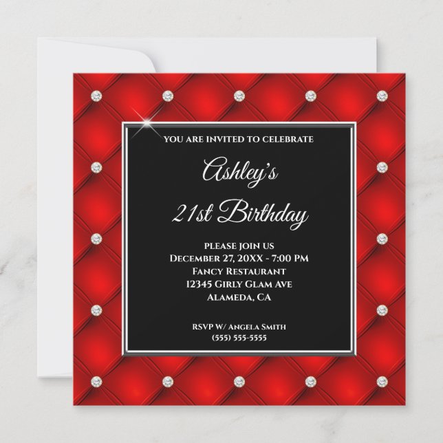 Faux Sparkly Diamond Tufted Red 21st Birthday Invitation (Front)