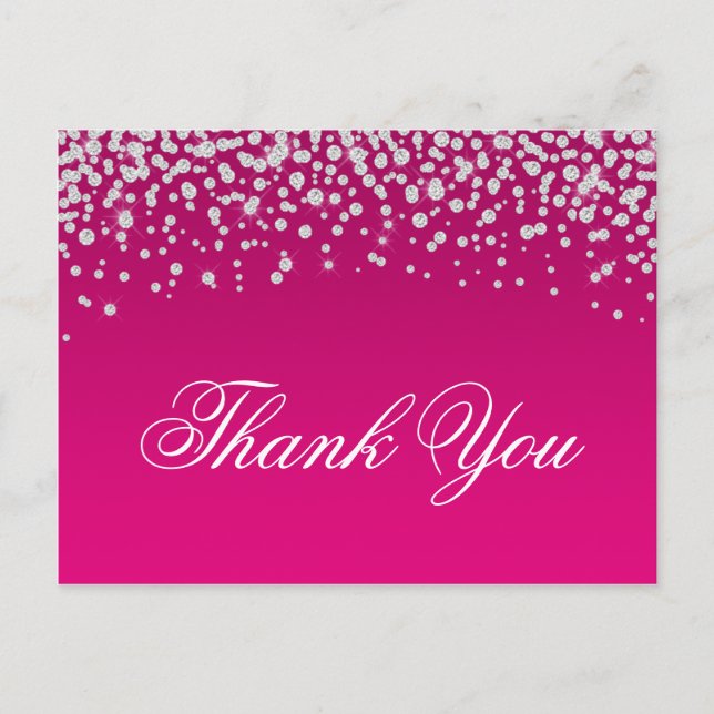 Faux Sparkly Diamonds Hot Pink Ombre Thank You Postcard (Front)