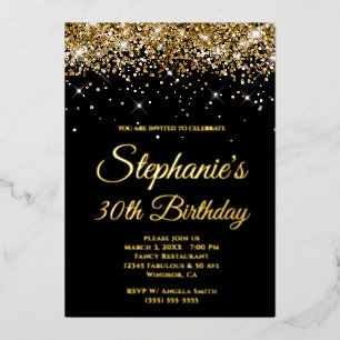 Faux Sparkly Gold Glitter Black 30th Birthday Foil Invitation