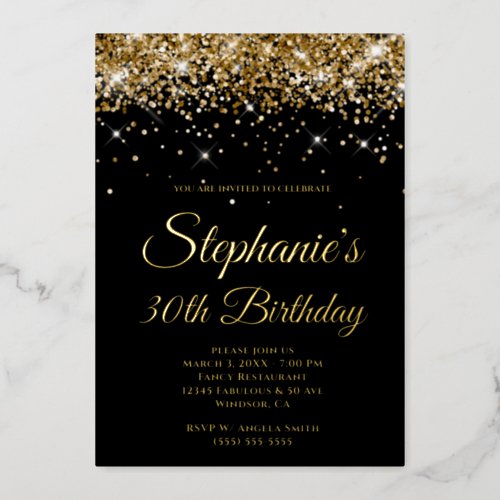 Faux Sparkly Gold Glitter Black 30th Birthday Foil Invitation