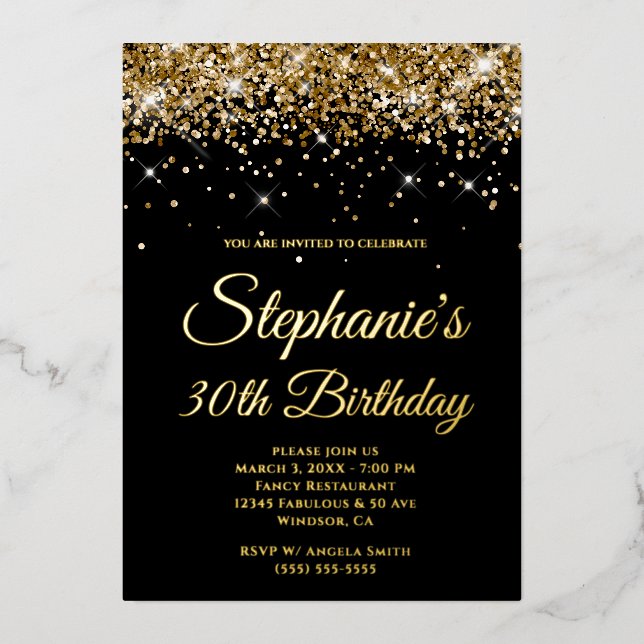 Faux Sparkly Gold Glitter Black 30th Birthday Foil Invitation (Front)