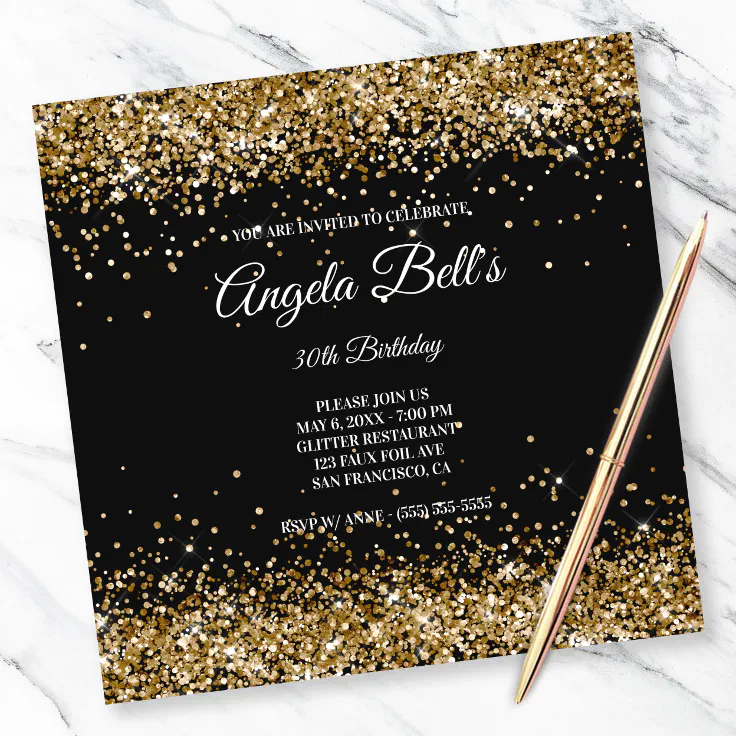 Faux Sparkly Gold Glitter Black Invitation | Zazzle