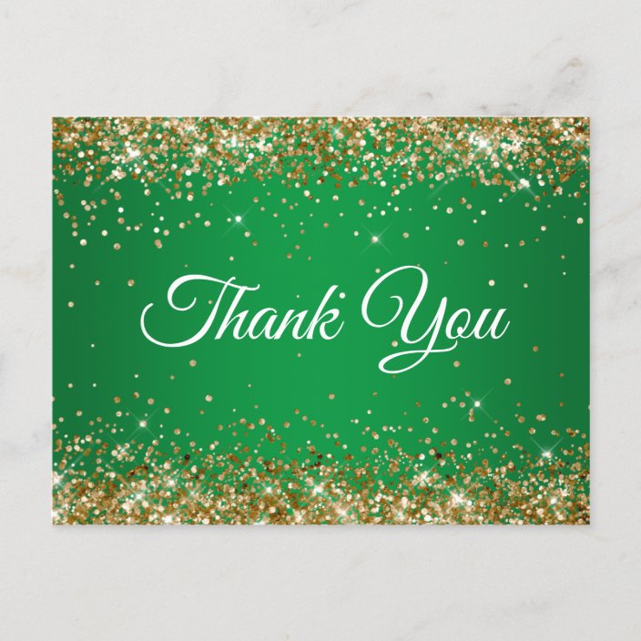 Faux Sparkly Gold Glitter Bright Green Thank You Postcard | Zazzle