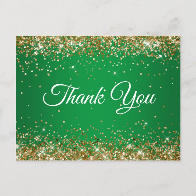 Faux Sparkly Gold Glitter Bright Green Thank You Postcard (Front)