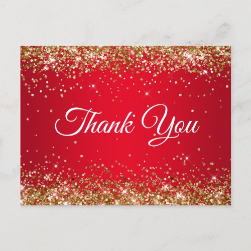 Faux Sparkly Gold Glitter Bright Red Thank You Postcard