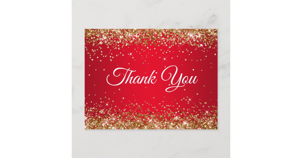Faux Sparkly Gold Glitter Bright Red Thank You Postcard | Zazzle