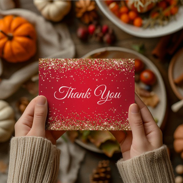 Faux Sparkly Gold Glitter Bright Red Thank You Postcard (Faux Sparkly Gold Glitter Bright Red Thank You Postcard)