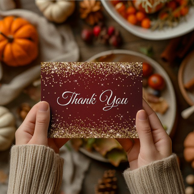 Faux Sparkly Gold Glitter Burgundy Thank You Postcard (Faux Sparkly Gold Glitter Burgundy Thank You Postcard)