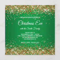 Faux Sparkly Gold Glitter Christmas Green Invitation