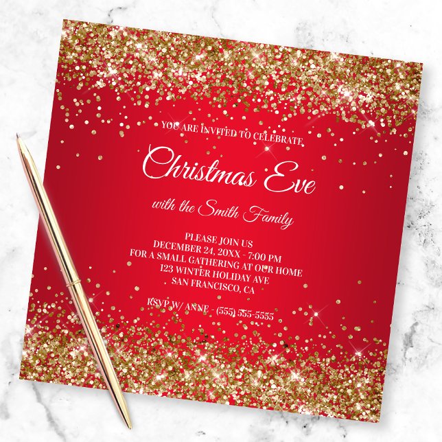 Faux Sparkly Gold Glitter Christmas Red Invitation (Creator Uploaded)