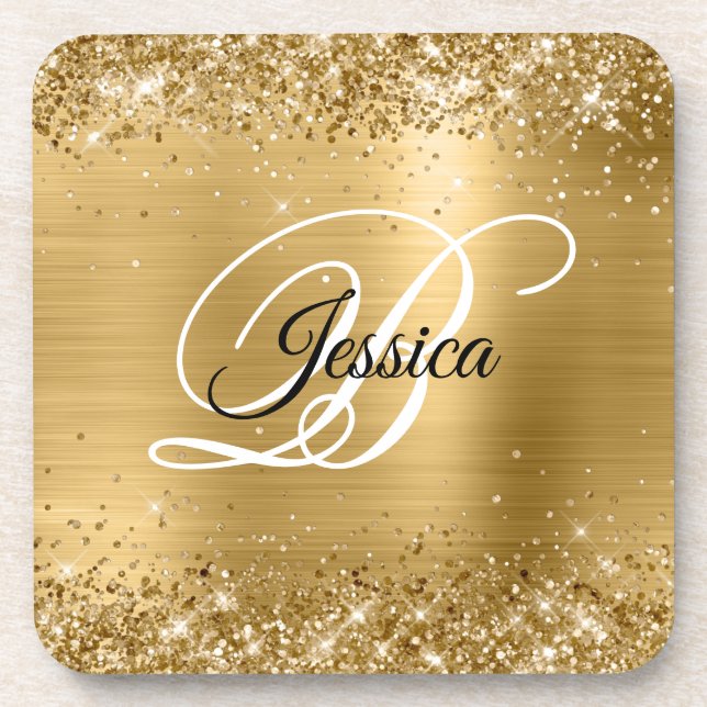 Faux Sparkly Gold Glitter Foil Monogram Beverage Coaster (Front)