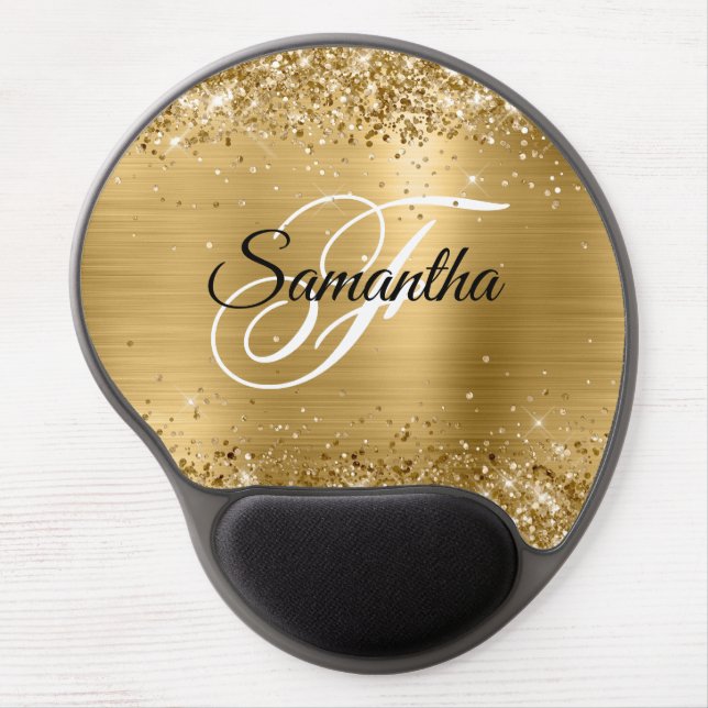 Faux Sparkly Gold Glitter Foil Monogram Gel Mouse Pad (Front)