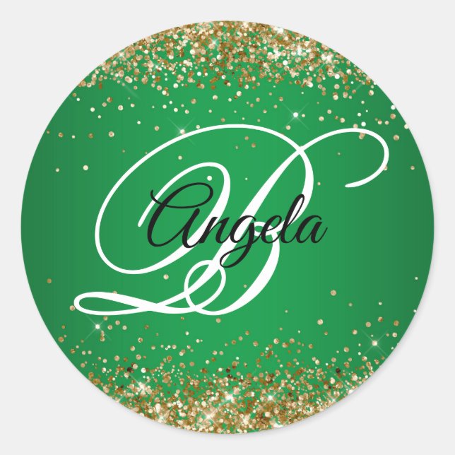 Faux Sparkly Gold Glitter Green Ombre Monogram Classic Round Sticker (Front)