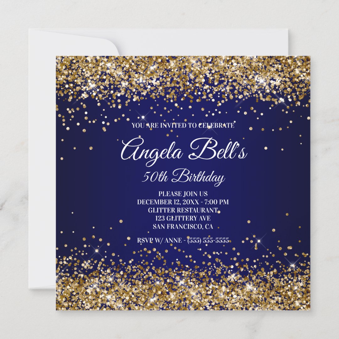 Faux Sparkly Gold Glitter Monogram Navy Ombre Invitation | Zazzle