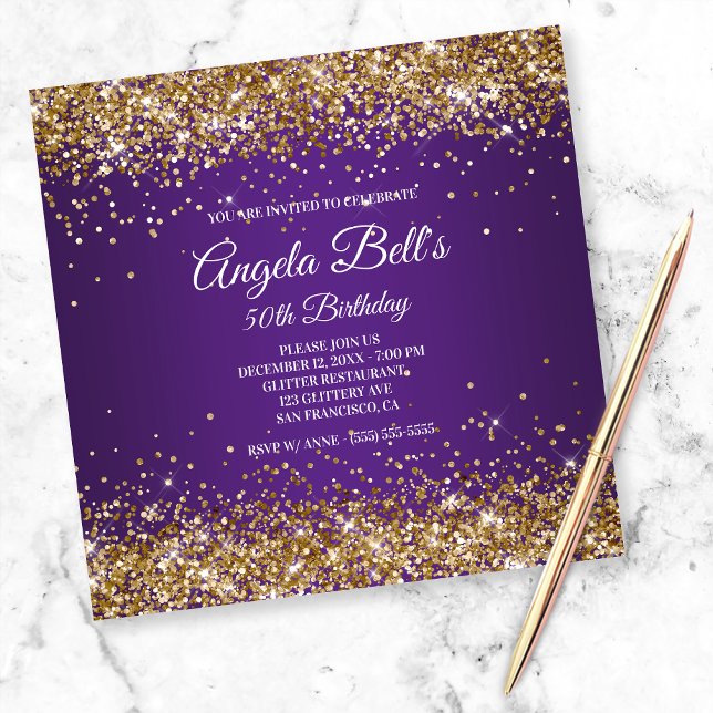 Faux Sparkly Gold Glitter Royal Purple Ombre Invitation (Creator Uploaded)